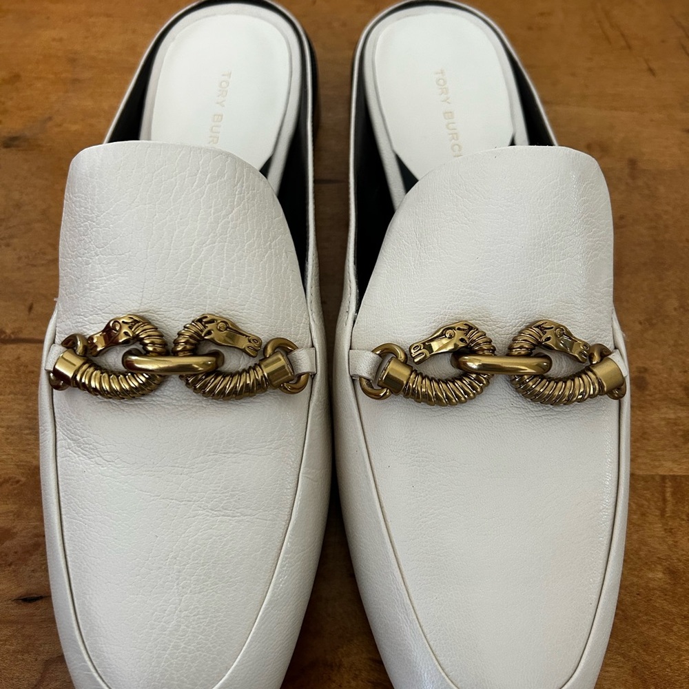 Tory Burch White Loafers with Gold Horsebit Detail